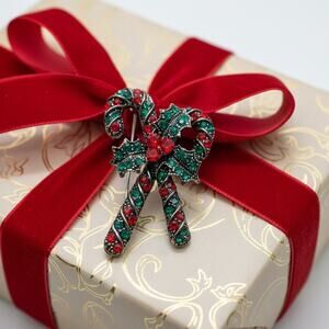 Rhinestone Candy Cane Brooch-Holiday Pin-Red Green Silver Tone-Christmas-Festive